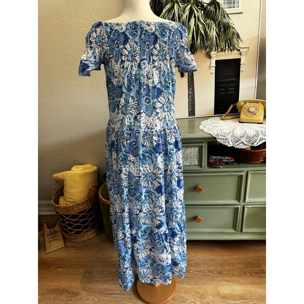 GUADALUPE Design Blue Floral Off-the-Shoulder cotton Maxi Resort Dress. S/M - Picture 4 of 5
